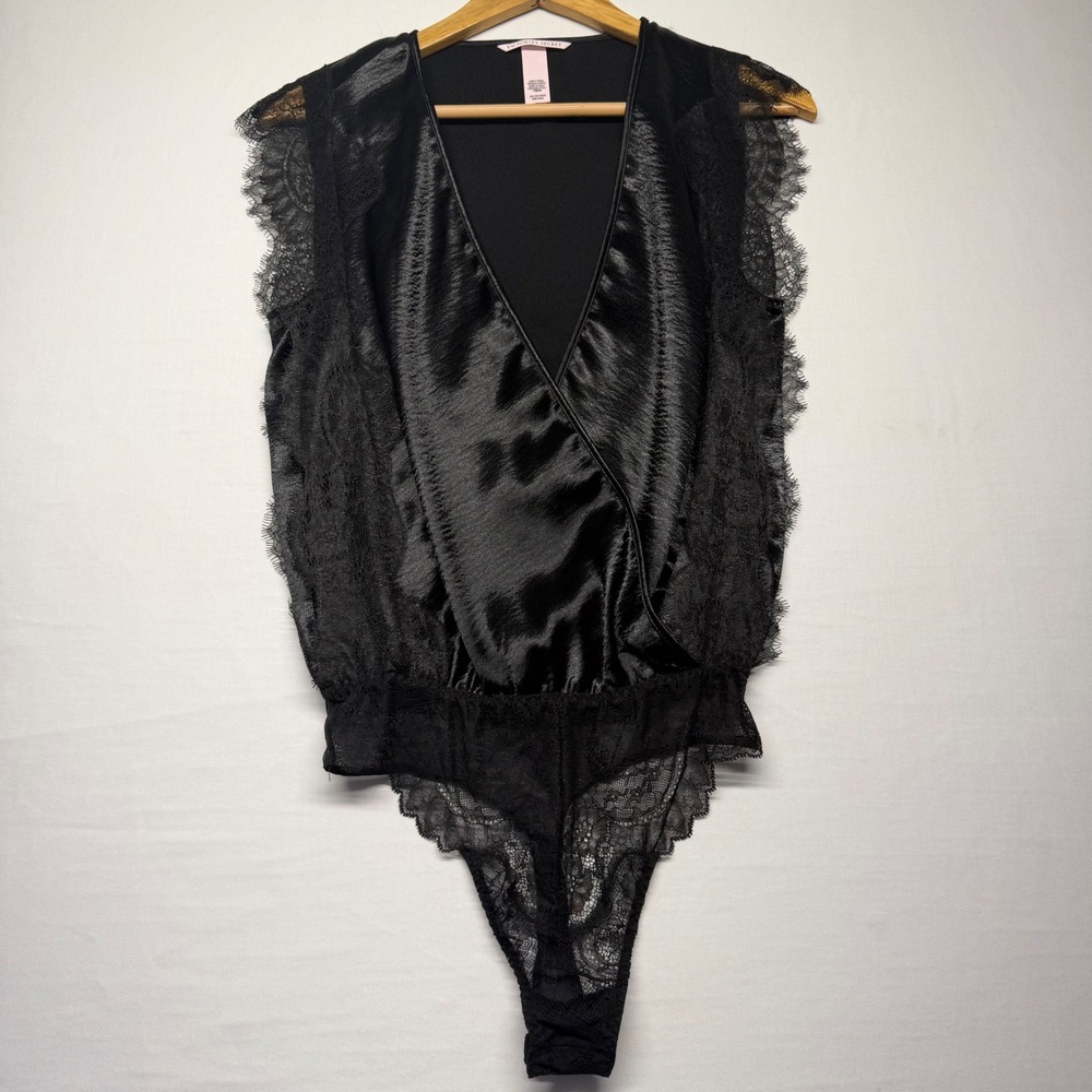 Victoria's Secret Black Lace Satin Teddy Bodysuit Boudoir‎ Sheer Lingerie XS